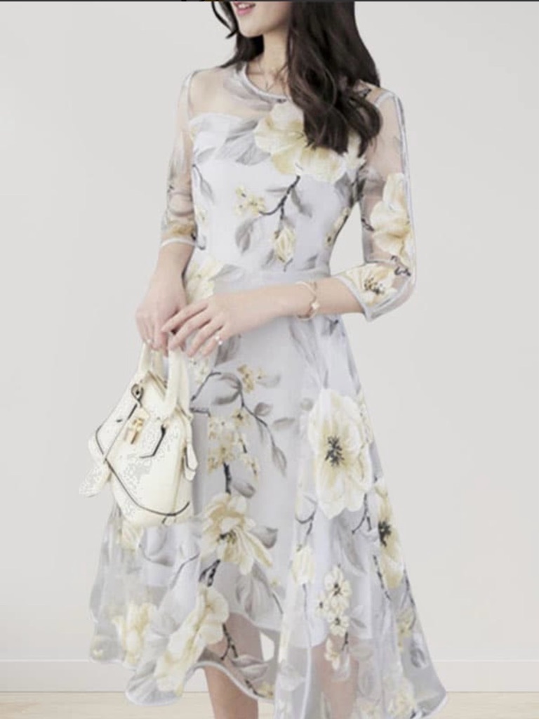 Elegant Woman’s Light Gray/Tan/Cream Floral A-Line Chiffon Dress White Trim-Sz L